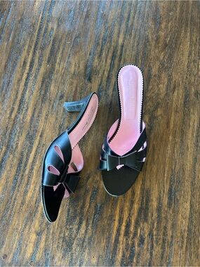 Massimo Baldi VTG Y2K Black & Pink Coquette Bow Open Toe Kitten Heels Fairycore